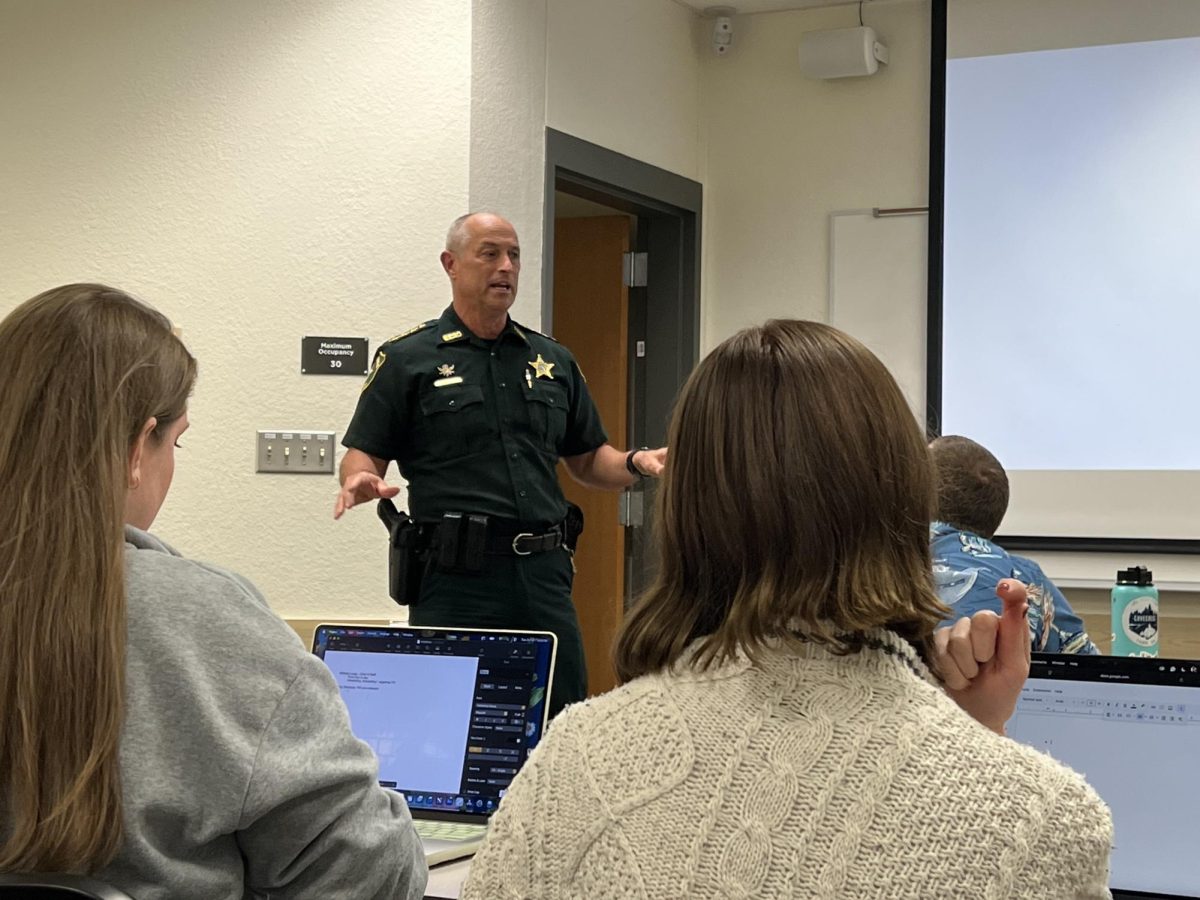 Escambia County Sheriff Chip Simmons lectures Dr. Willie Tubbs' Public Affairs Reporting class on Tuesday, Oct. 21, 2025. 
