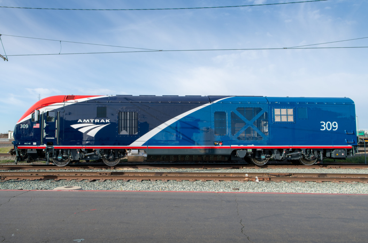 One of Amtrak’s new “Charger” locomotives in the company’s newest livery. 


